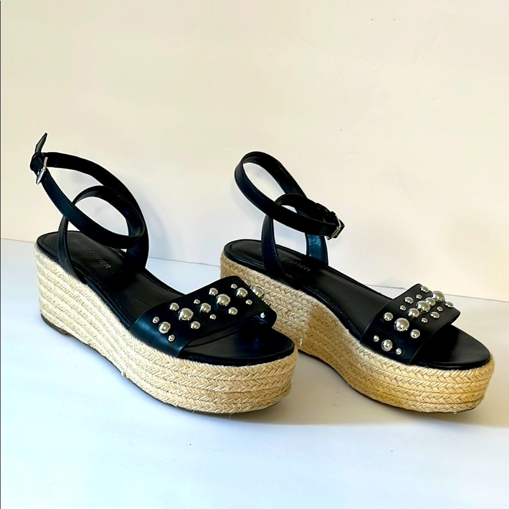 Marc Fisher Black Leather Ankle Strap Studded Wedge Sandals Sz‎ 7